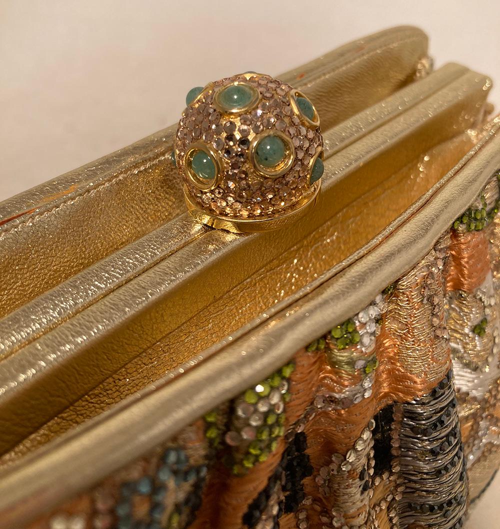 Brown Judith Leiber Vintage Gold Silk Multicolor Swarovski Crystal Evening Bag Clutch