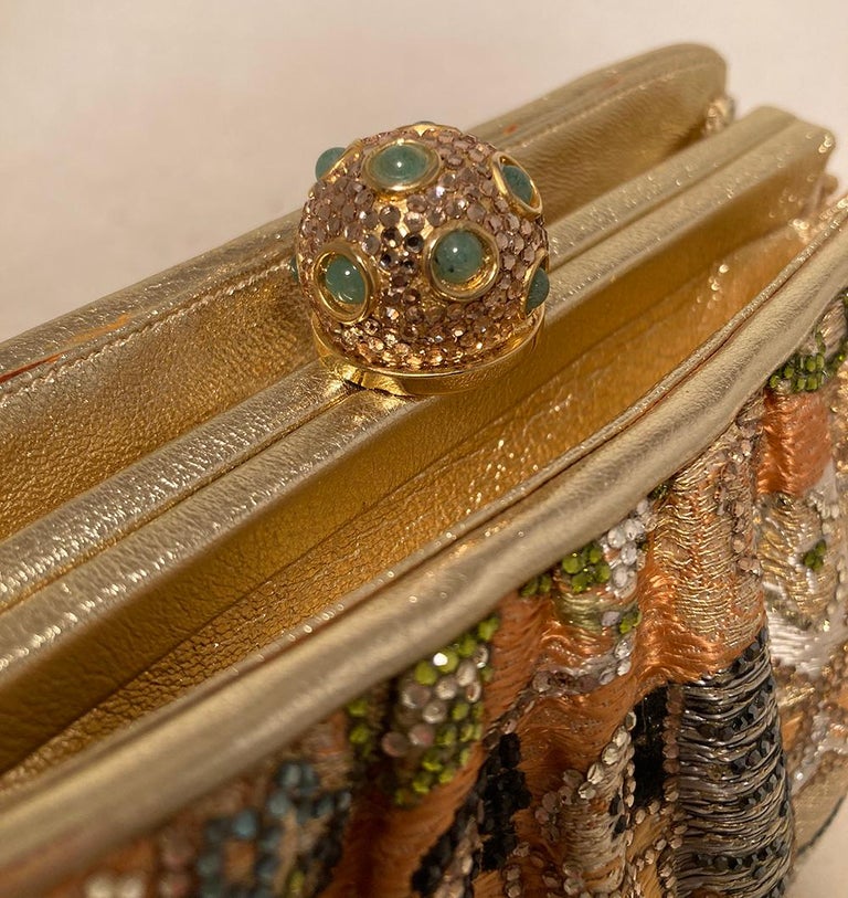 Judith Leiber Vintage Gold Silk Multicolor Swarovski Crystal Evening Bag Clutch For Sale 1