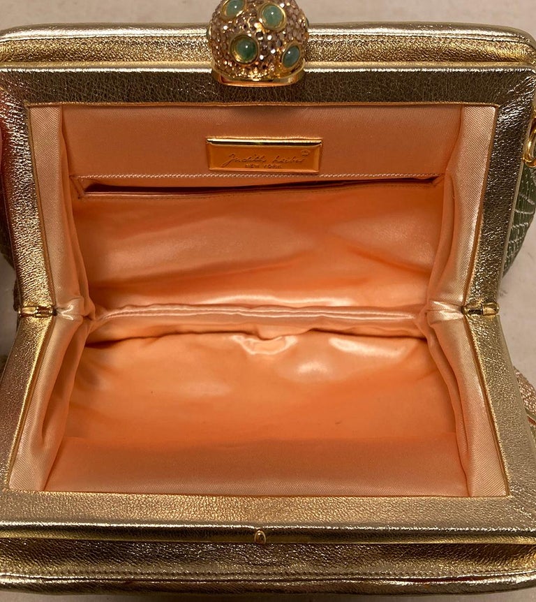 Judith Leiber Vintage Gold Silk Multicolor Swarovski Crystal Evening Bag Clutch For Sale 2