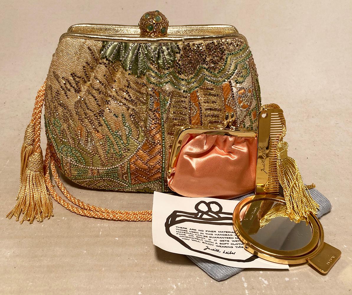 Judith Leiber Vintage Gold Silk Multicolor Swarovski Crystal Evening Bag Clutch 1