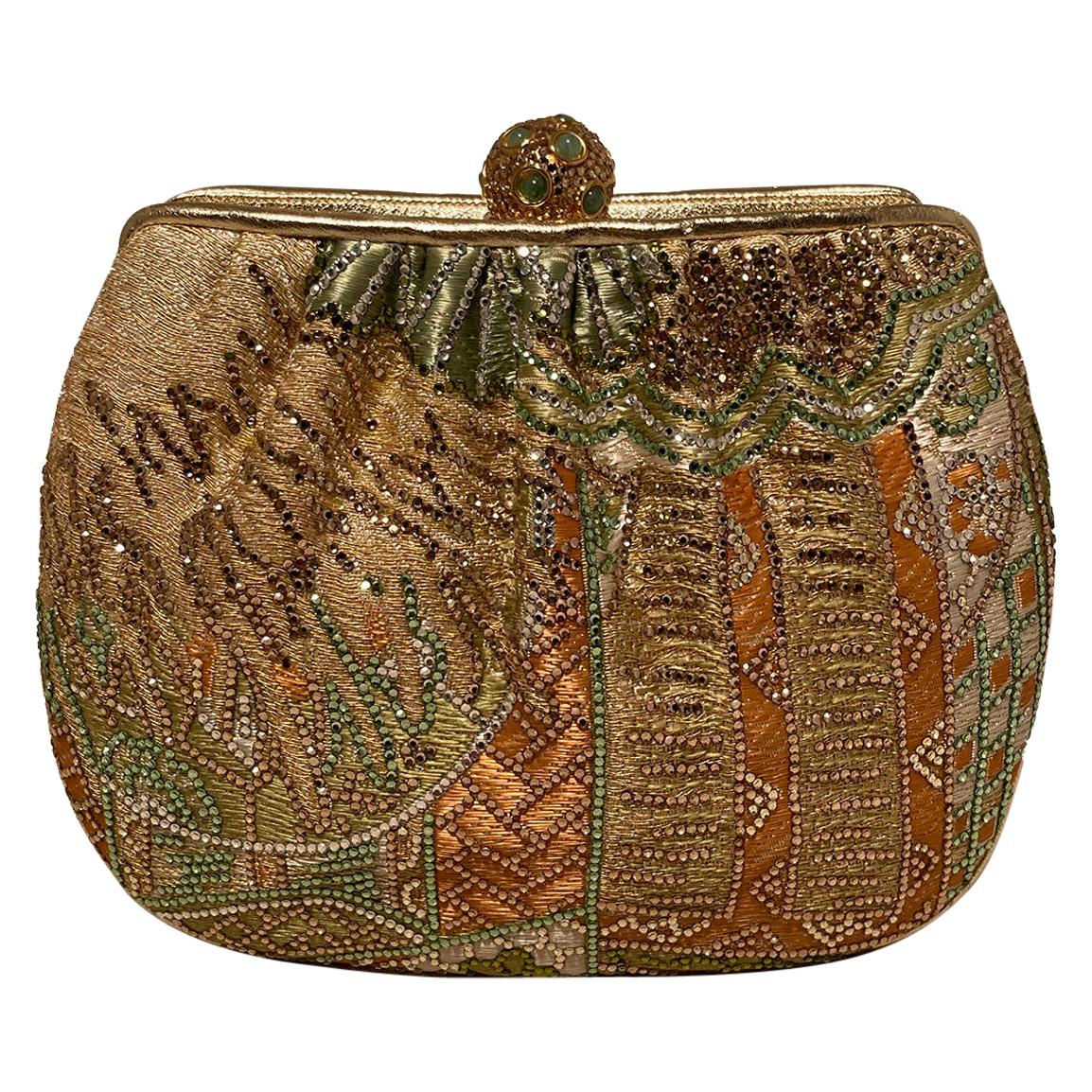 Judith Leiber Vintage Gold Silk Multicolor Swarovski Crystal Evening Bag Clutch