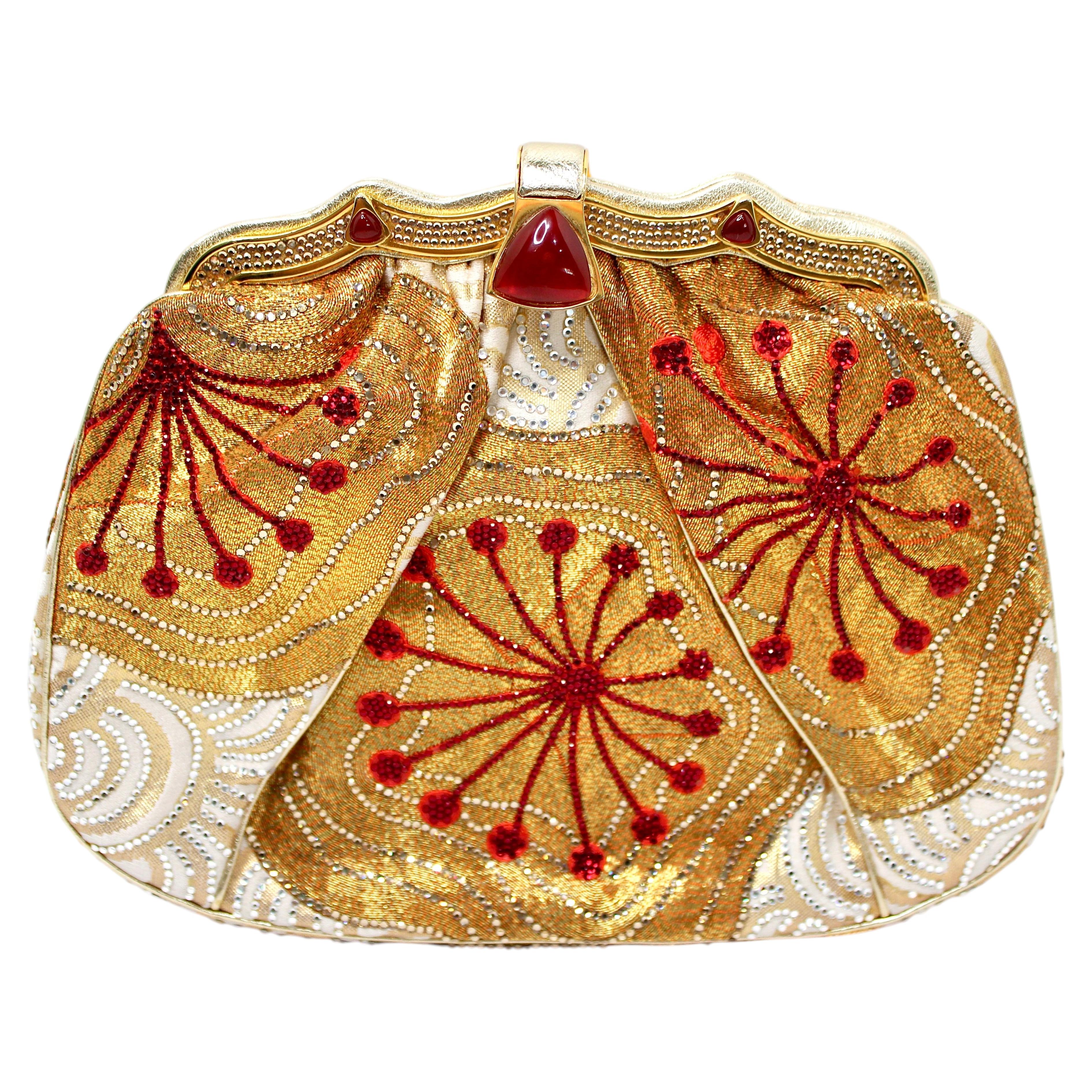 Judith Leiber Vintage Golden Japanese Obi Silk Embellished Clutch Bag