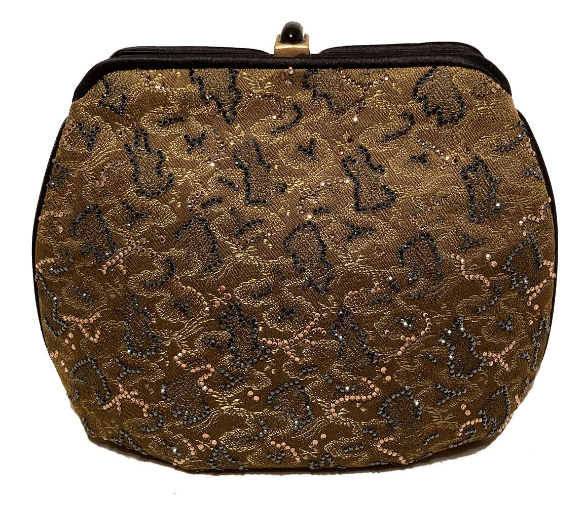 Brown Judith Leiber Vintage Olive Silk Swarovski Crystal Evening Bag