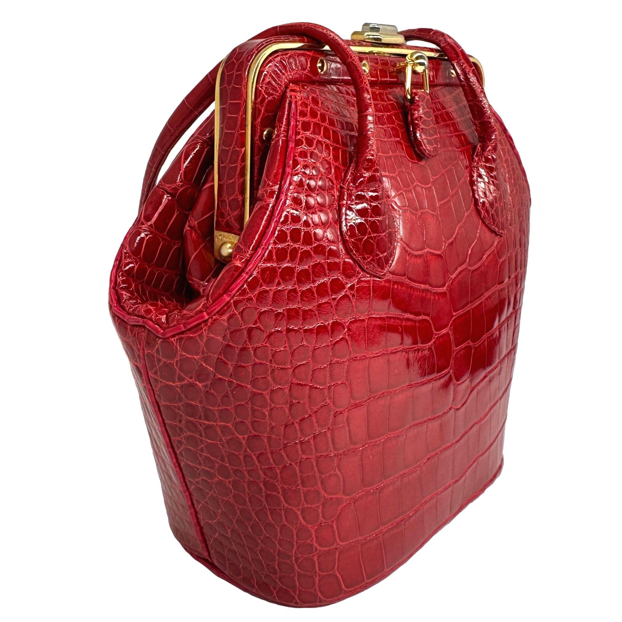 Women's or Men's Judith Leiber Vintage Red Alligator Shoulder Minaudière Evening Bag, 1990. For Sale
