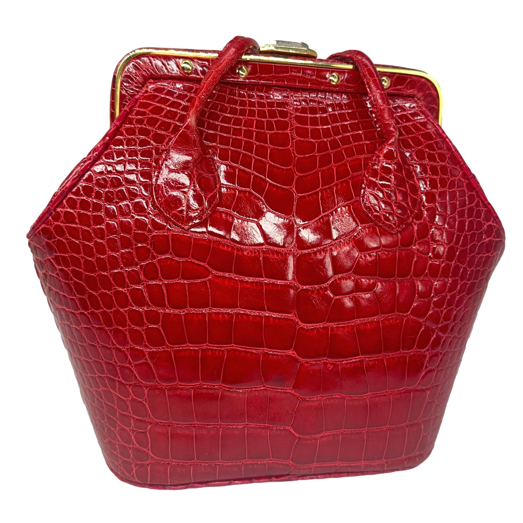 Judith Leiber Vintage Red Alligator Shoulder Minaudière Evening Bag, 1990. For Sale 1