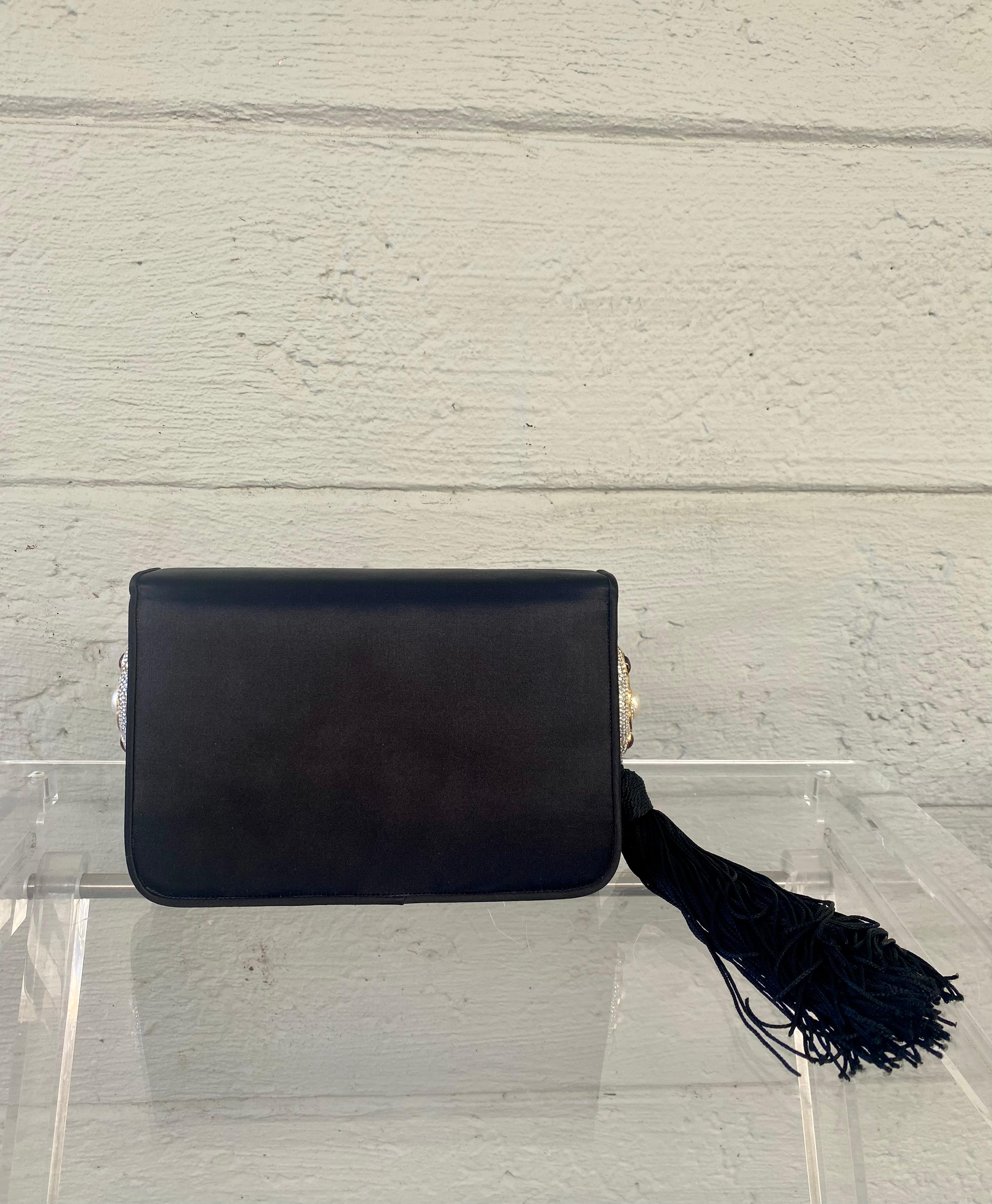 Black Judith Leiber Vintage Silk Crystals Flap 2-Way Clutch Shoulder Tassel Bag For Sale