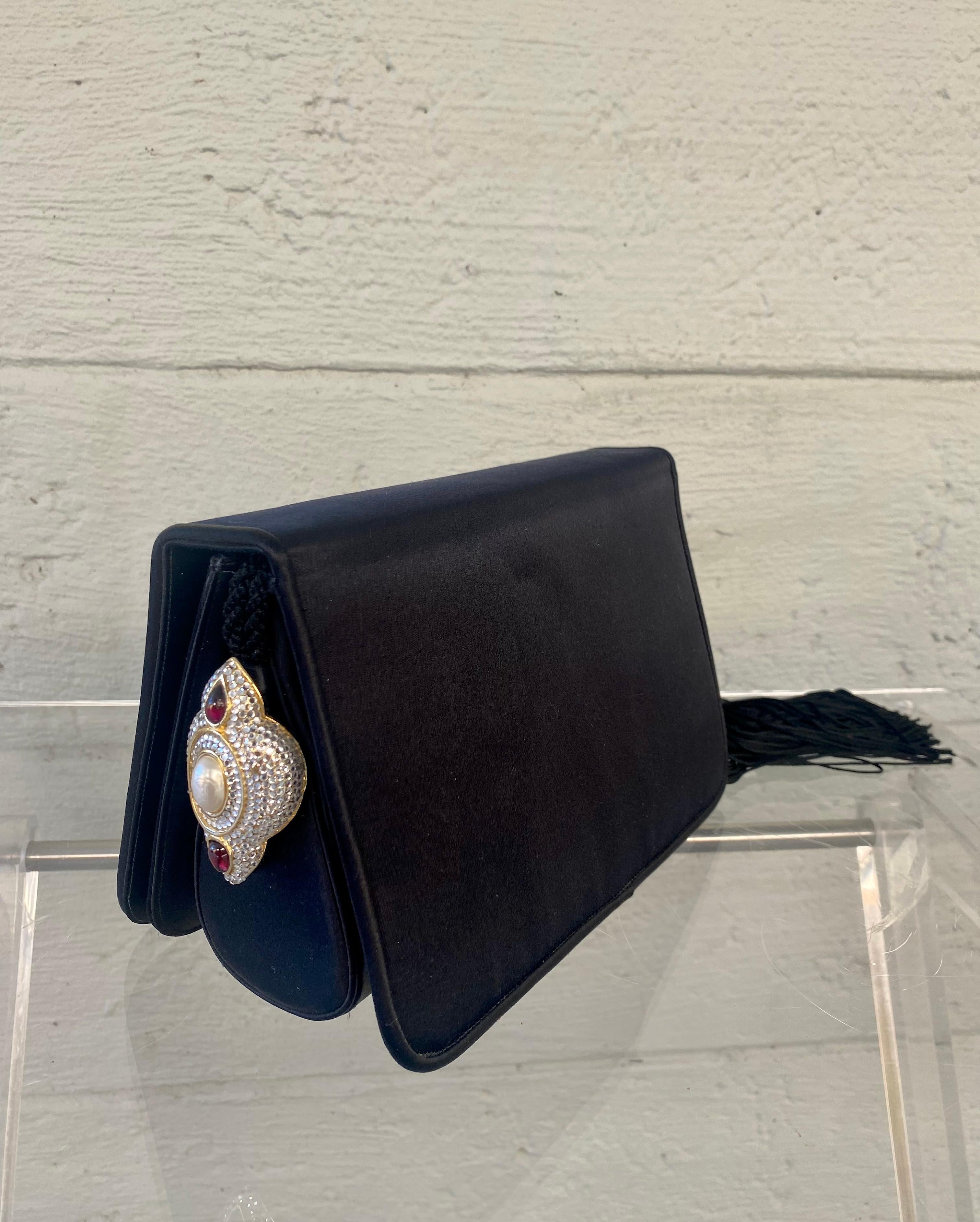 Black Judith Leiber Vintage Silk Crystals Flap 2-Way Clutch Shoulder Tassel Bag For Sale