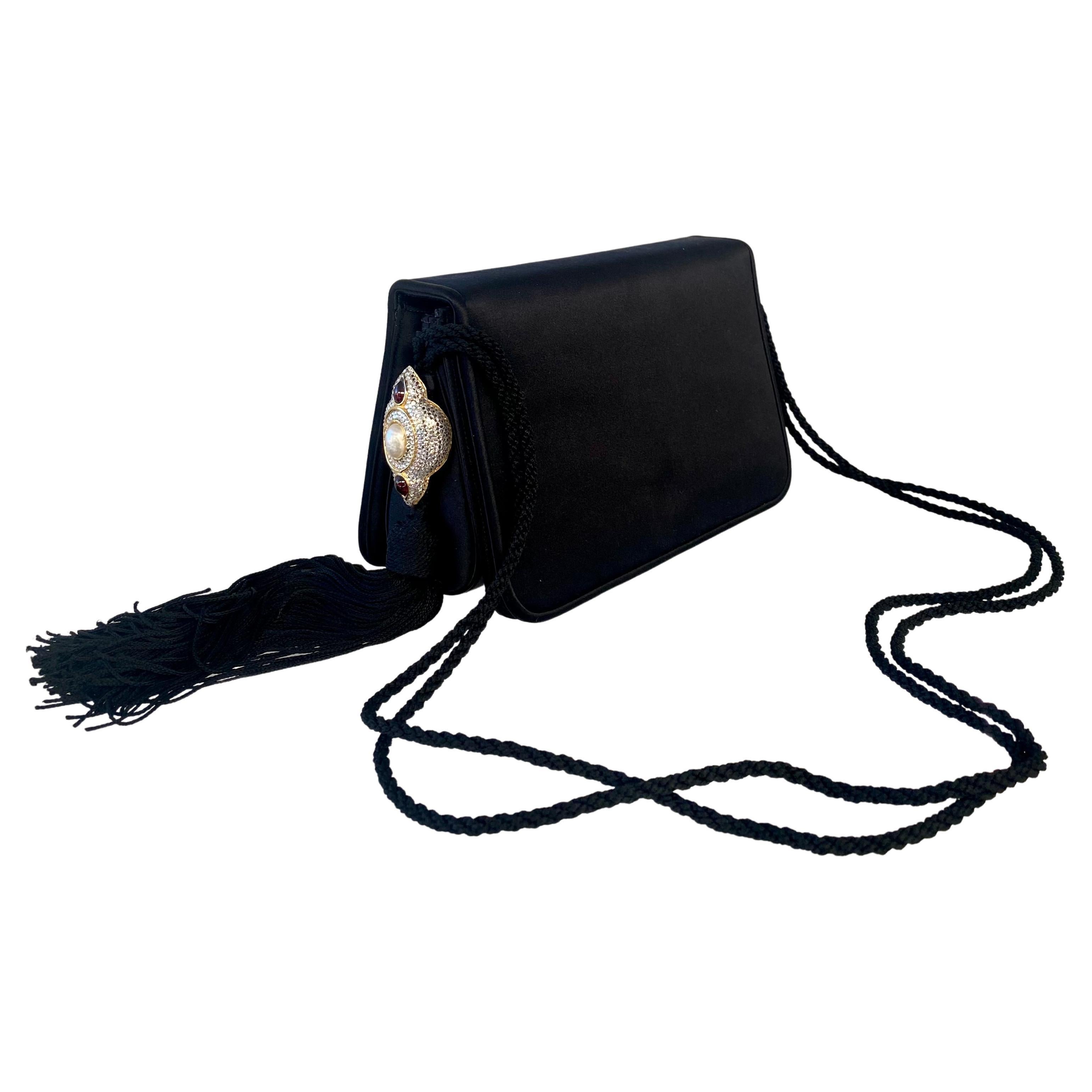 Judith Leiber Vintage Silk Crystals Flap 2-Way Clutch Shoulder Tassel Bag For Sale