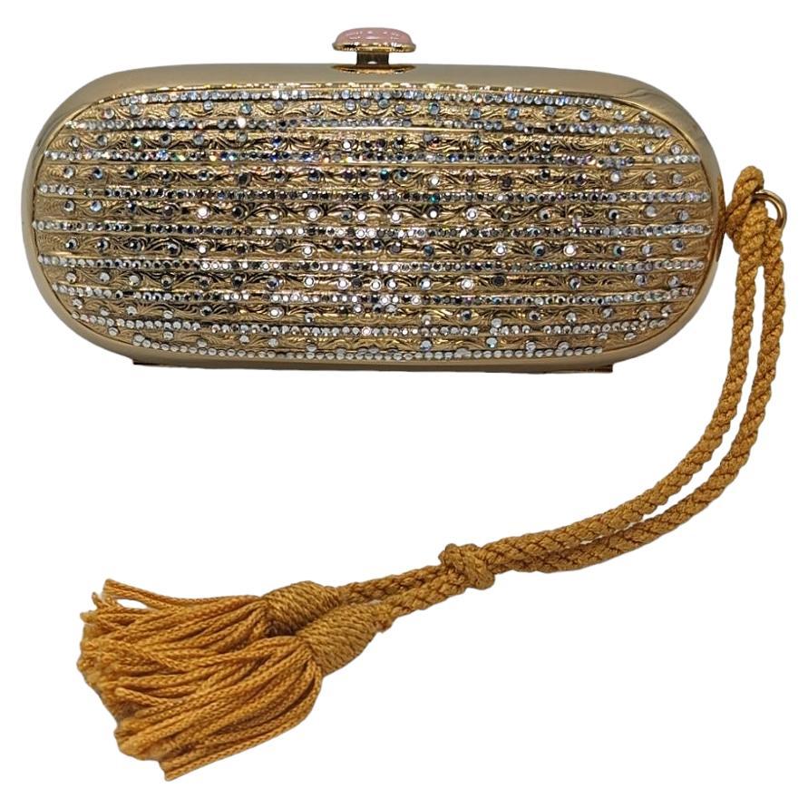 Judith Leiber Vintage Silver Crystal Minaudiere Gold Evening Tassel Clutch