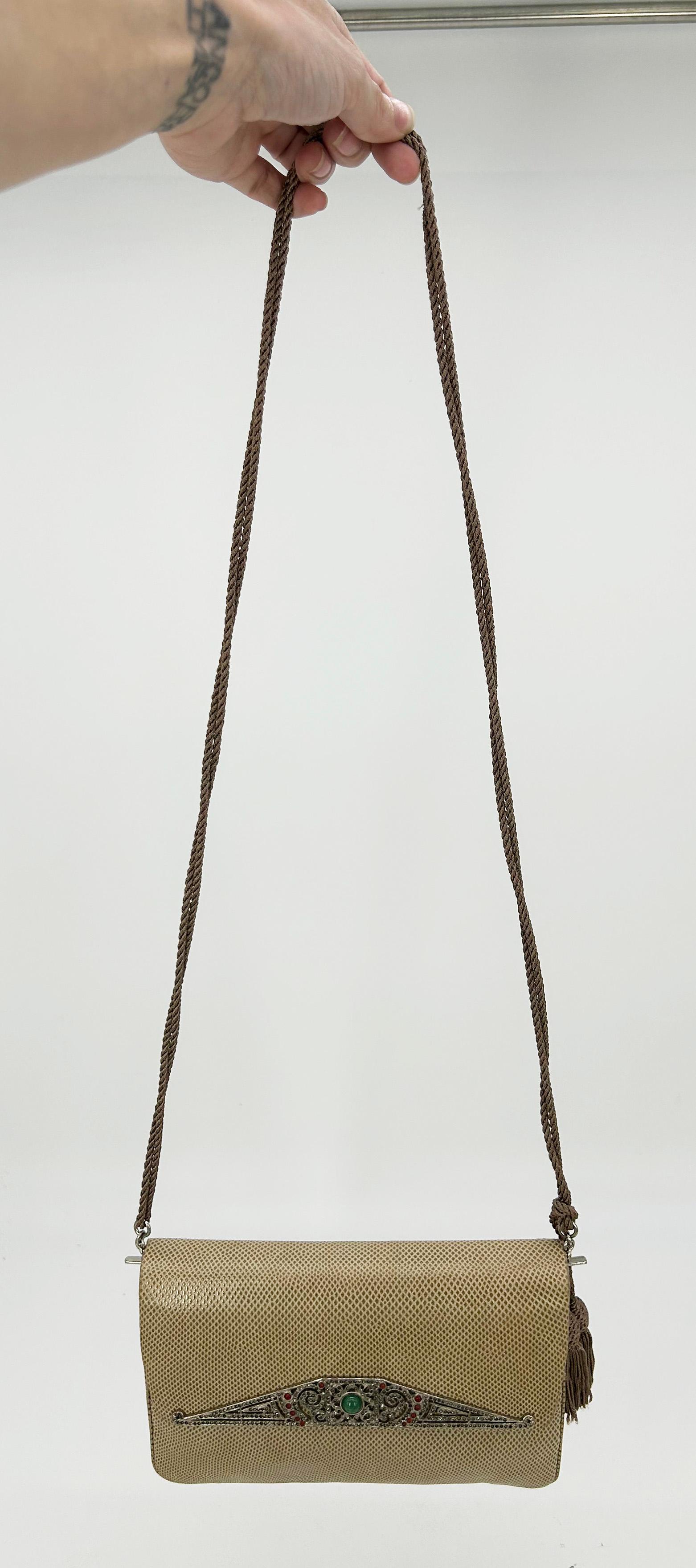 Judith Leiber Vintage Tan Lagarto Plata Antiguo Deco Rhinestone Clutch en venta 9