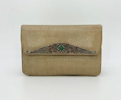 Judith Leiber Vintage Tan Lizard Antique Silver Deco Rhinestone Clutch