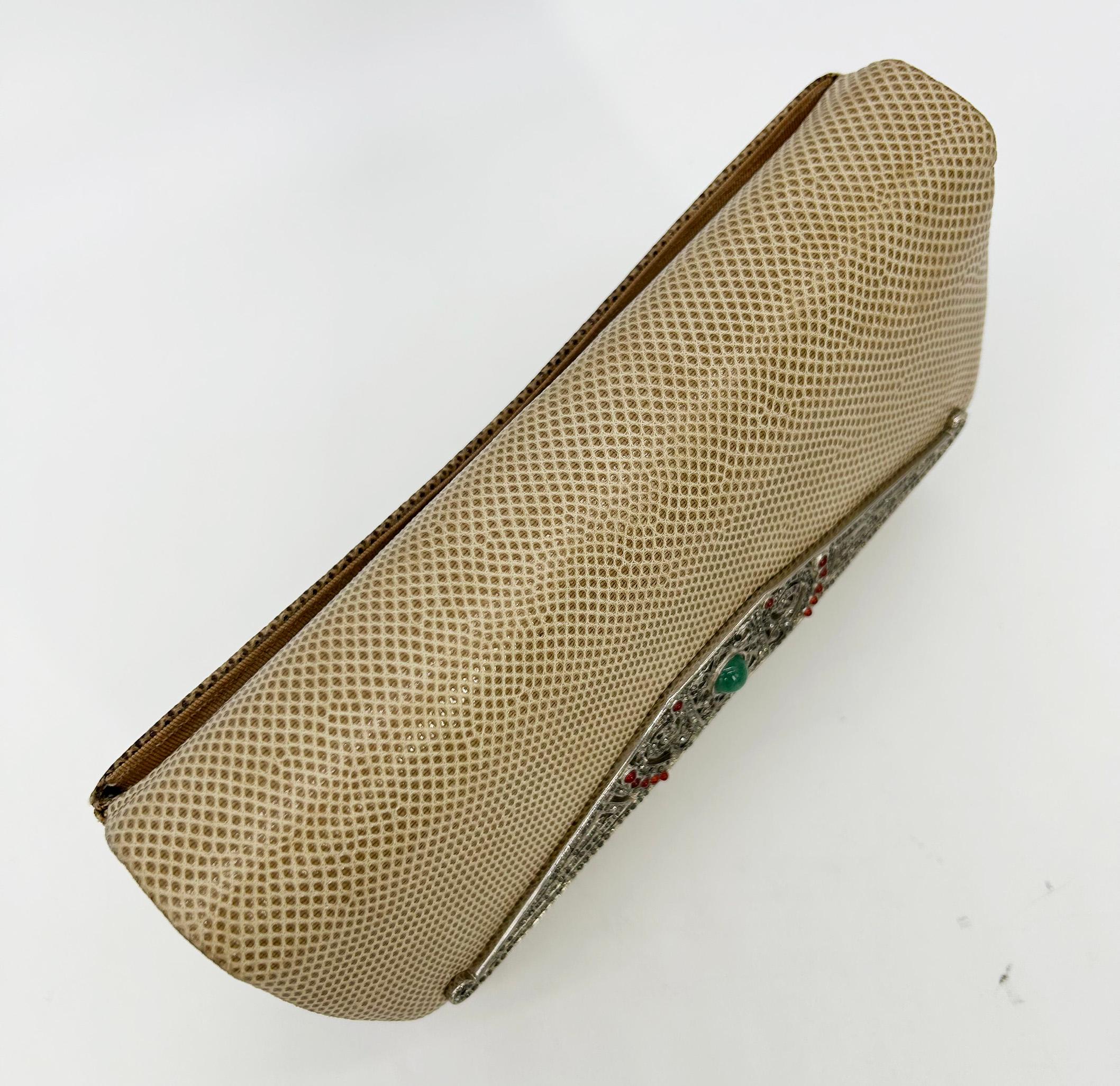 Judith Leiber Vintage Tan Lagarto Plata Antiguo Deco Rhinestone Clutch en venta 1