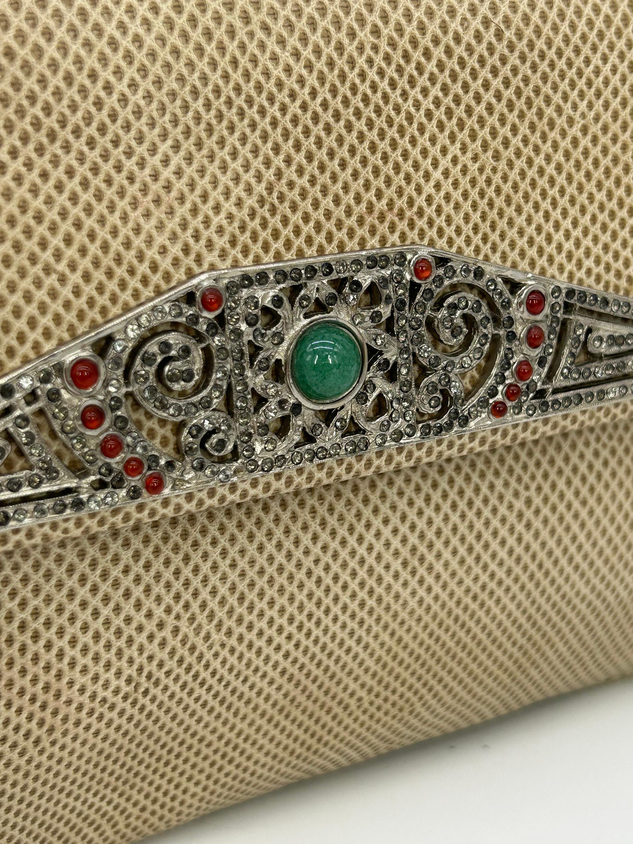 Judith Leiber Vintage Tan Lagarto Plata Antiguo Deco Rhinestone Clutch en venta 2