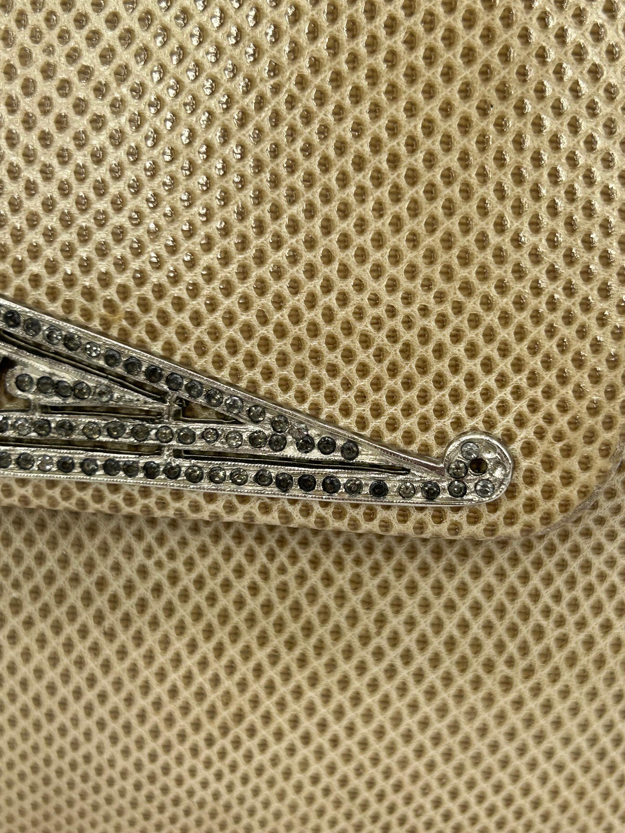 Judith Leiber Vintage Tan Lagarto Plata Antiguo Deco Rhinestone Clutch en venta 3
