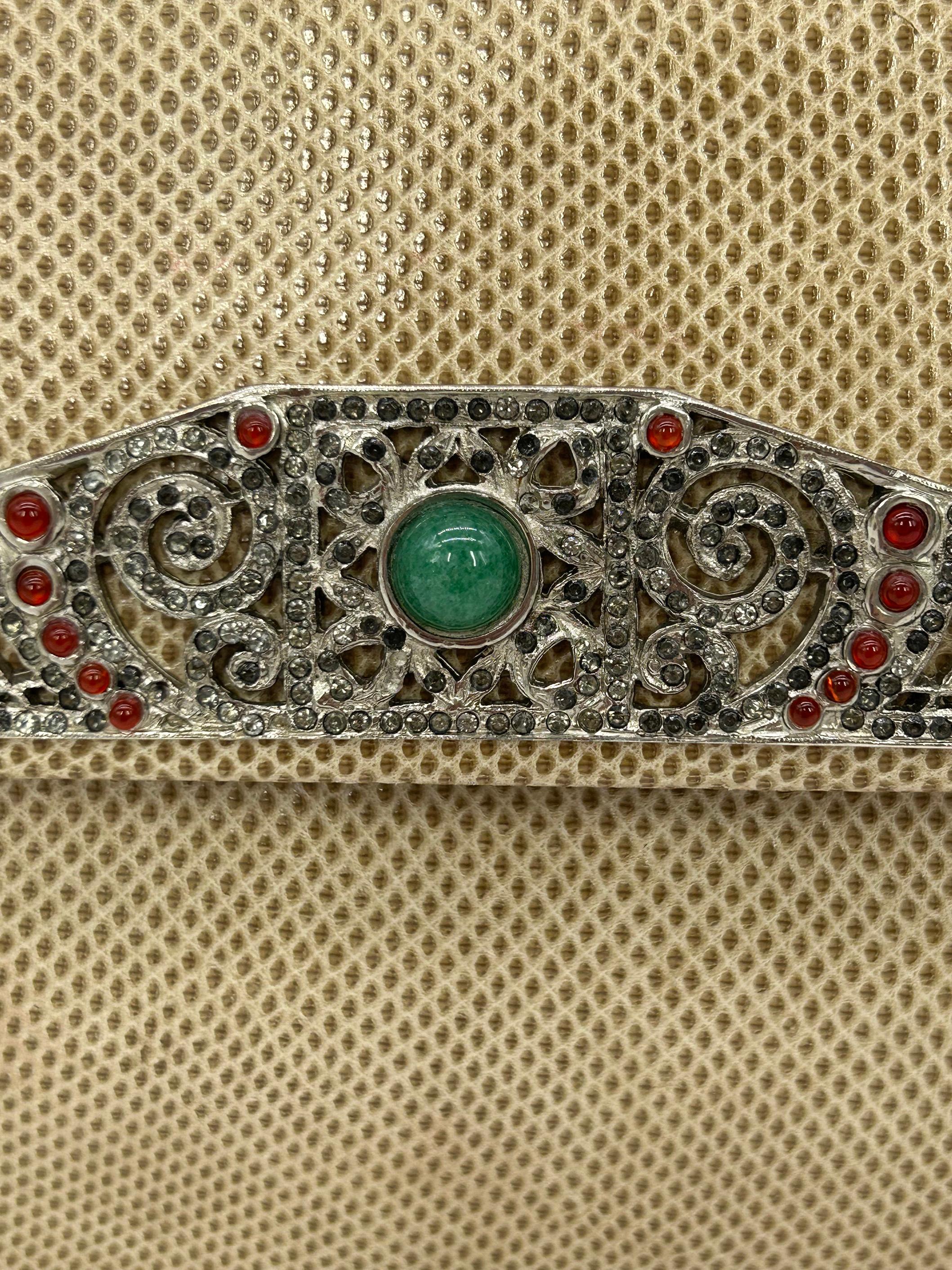 Judith Leiber Vintage Tan Lagarto Plata Antiguo Deco Rhinestone Clutch en venta 4