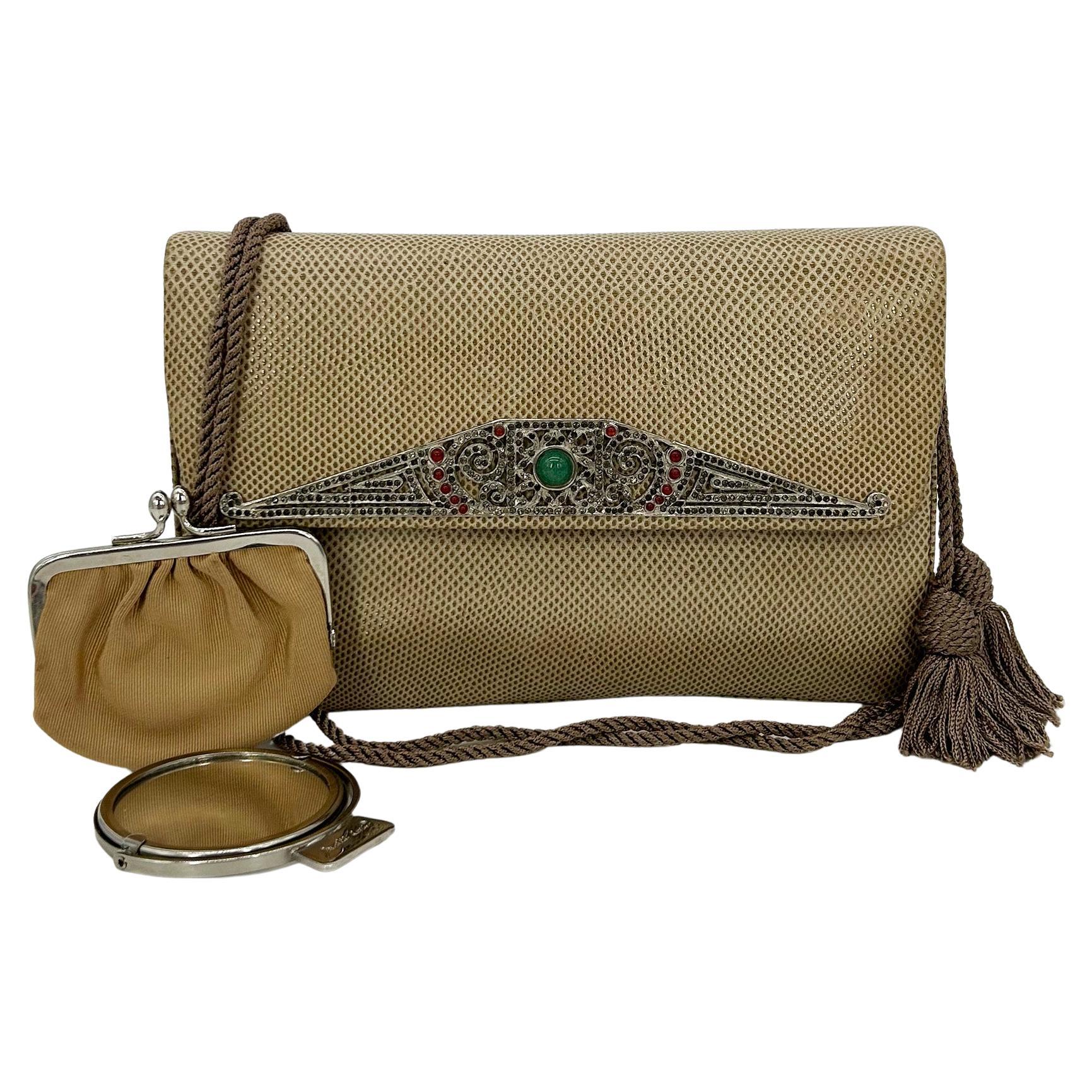 Judith Leiber Vintage Tan Lizard Antique Silver Deco Rhinestone Clutch