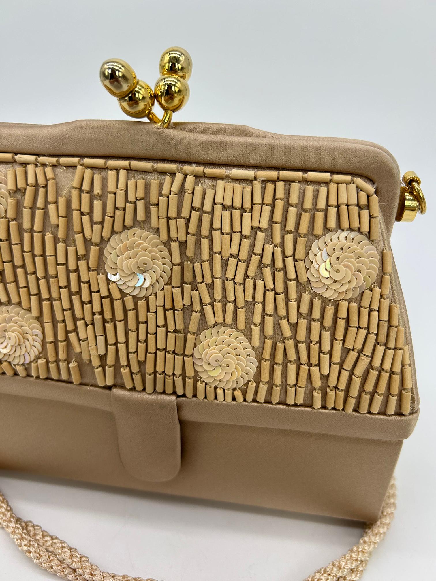 Judith Leiber Vintage Tan Silk Wood Bead Sequin Two Tier Minaudiere Bag For Sale 6