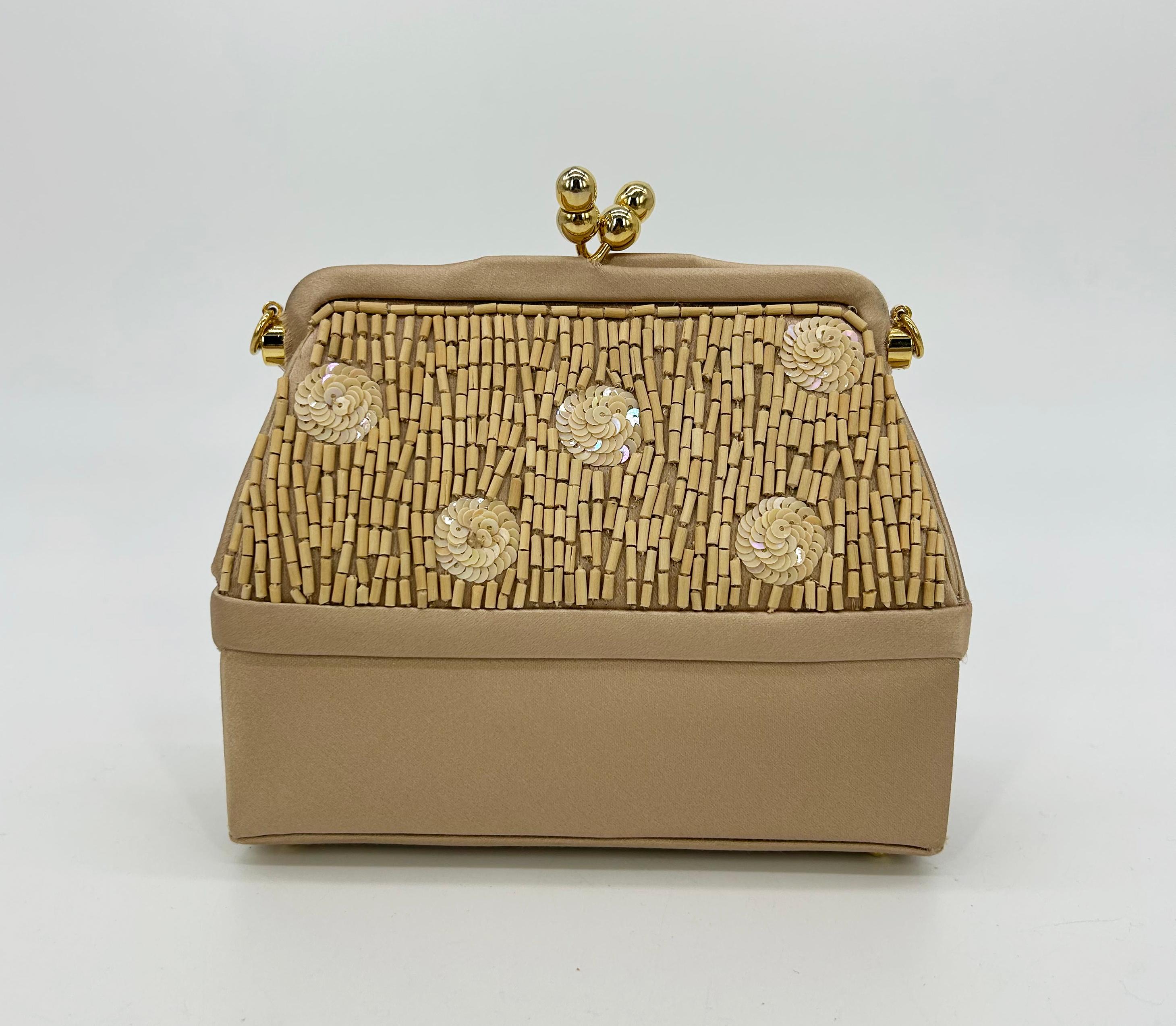 Brown Judith Leiber Vintage Tan Silk Wood Bead Sequin Two Tier Minaudiere Bag For Sale