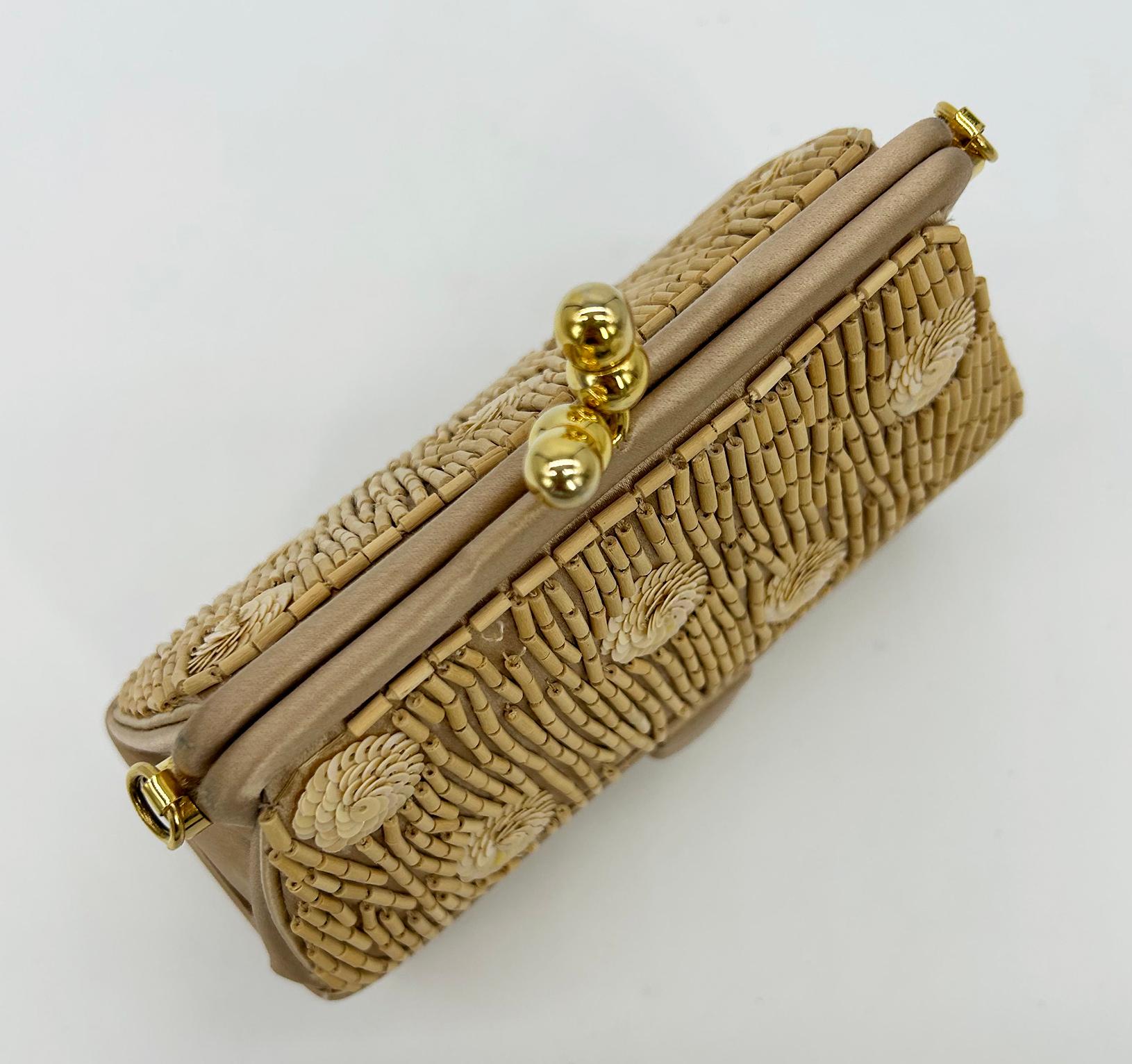 Judith Leiber Vintage Tan Silk Wood Bead Sequin Two Tier Minaudiere Bag For Sale 1