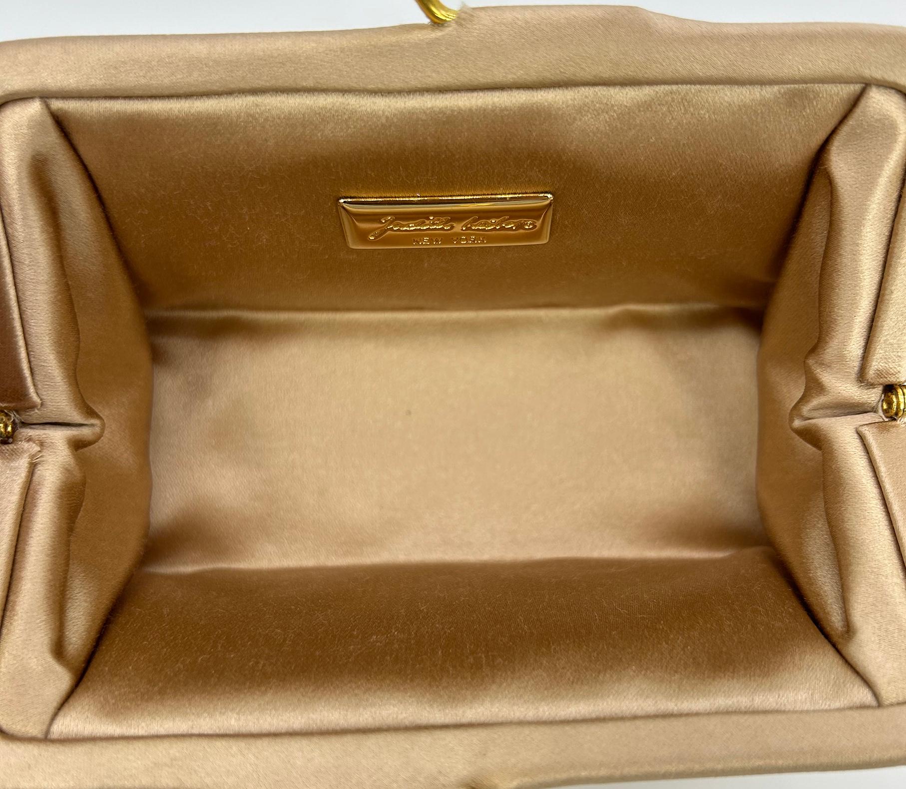 Judith Leiber Vintage Tan Silk Wood Bead Sequin Two Tier Minaudiere Bag For Sale 2