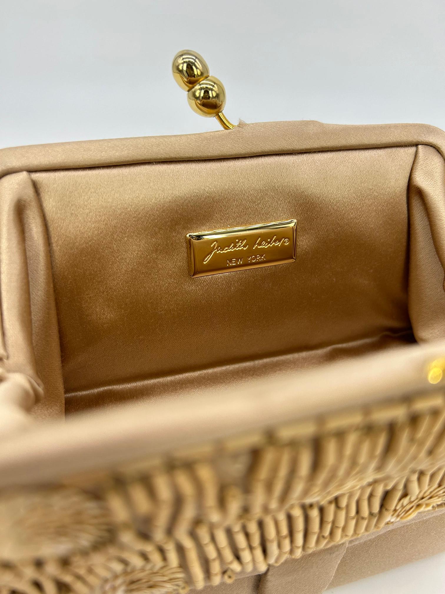Judith Leiber Vintage Tan Silk Wood Bead Sequin Two Tier Minaudiere Bag For Sale 3