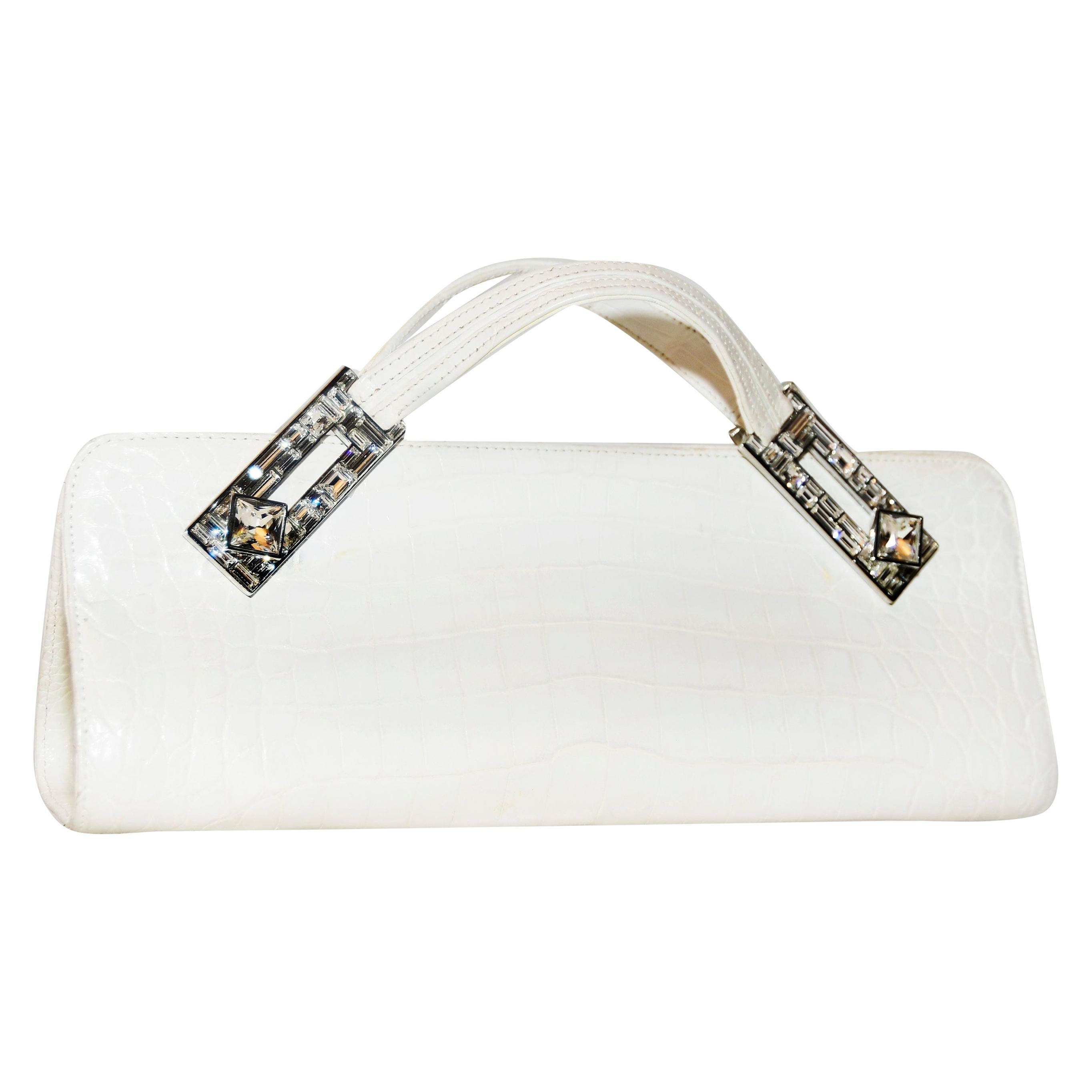 Judith Leiber White Art Deco  Croc Clutch With Crystal Handle  For Sale