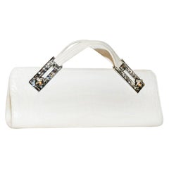 Judith Leiber White Art Deco  Croc Clutch With Crystal Handle 