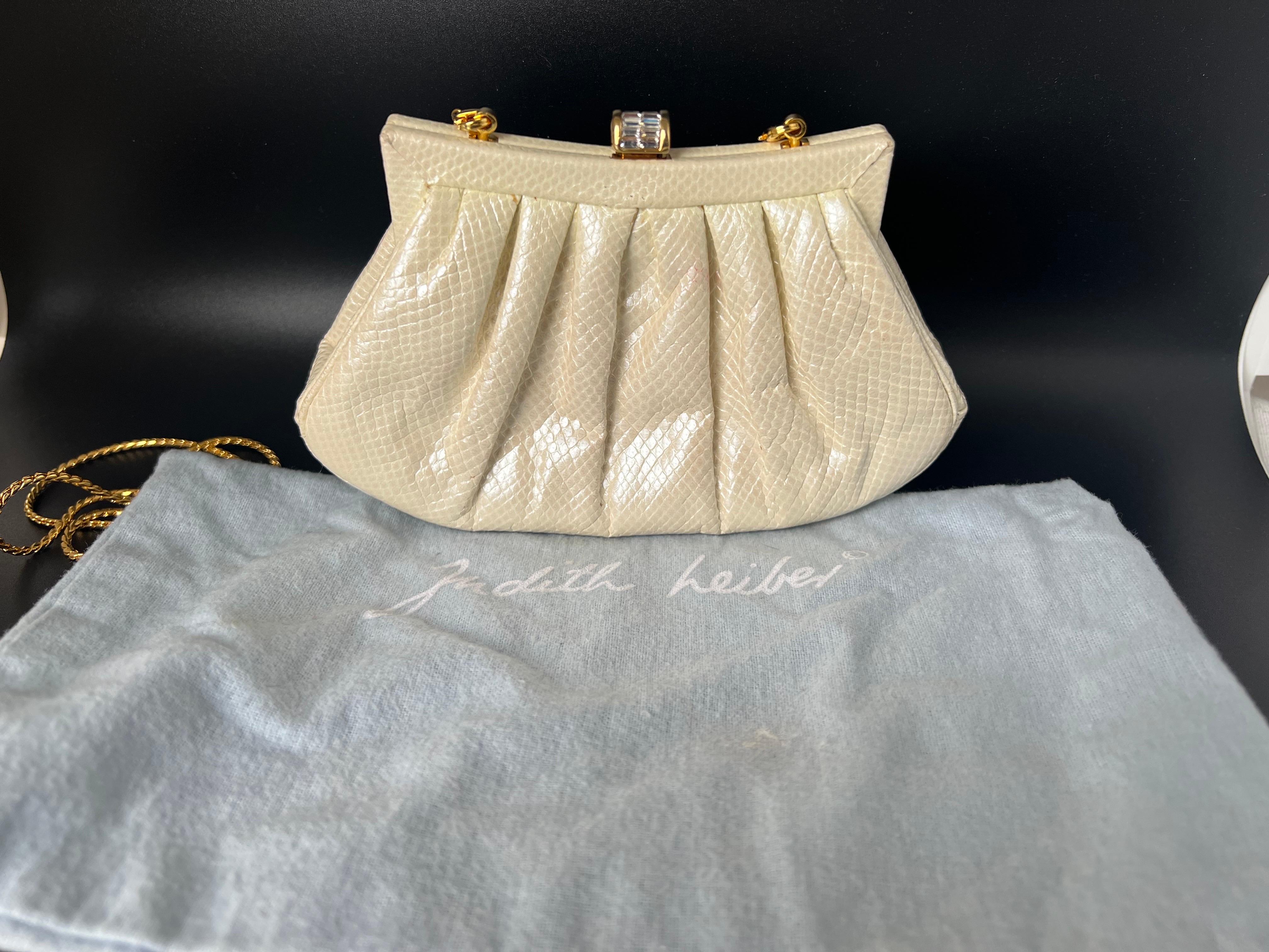 Judith Leiber White Cream Lizard Leather Clutch or Handbag For Sale 6