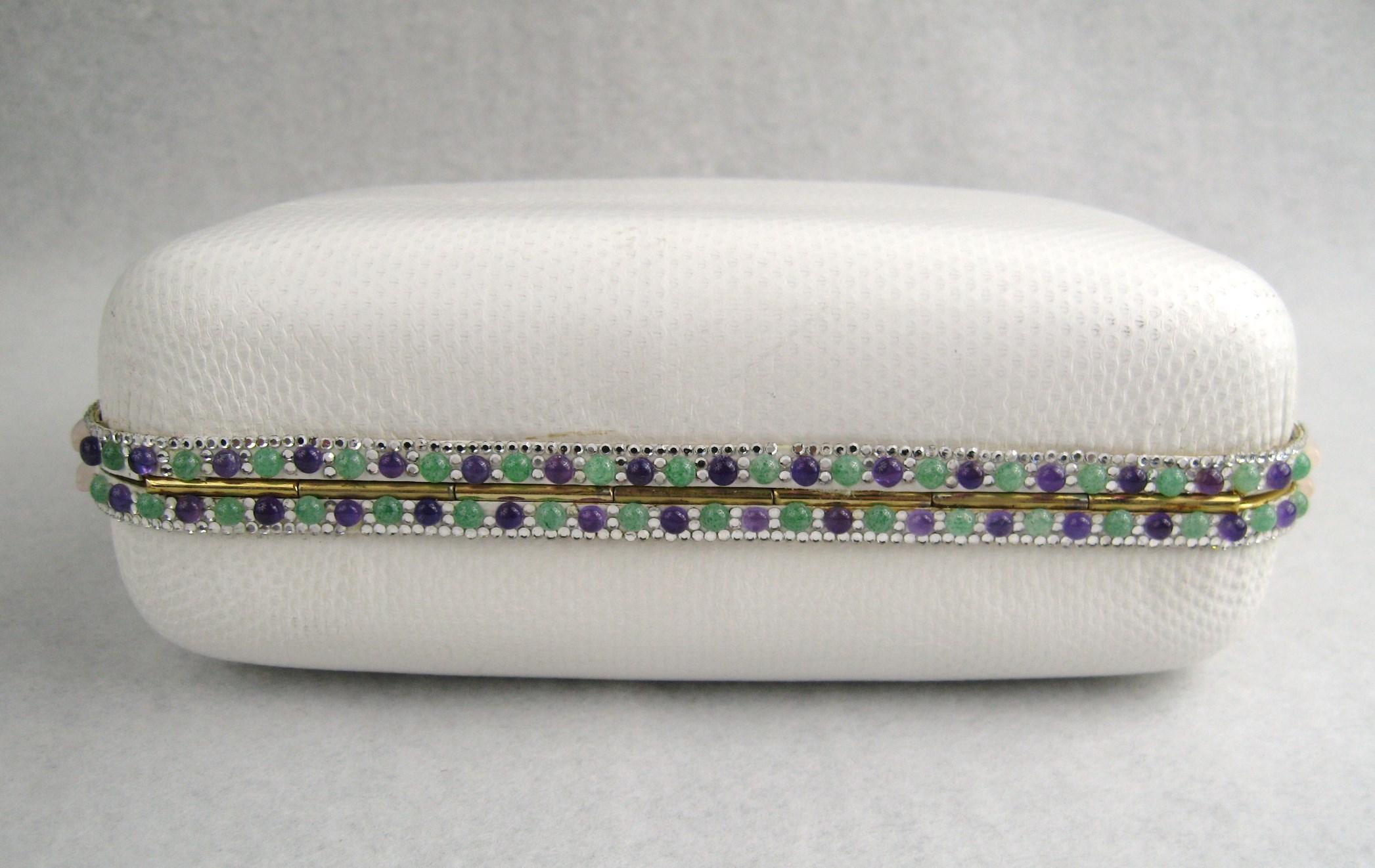 Judith Leiber White Karung Convertible Clutch With Semi Precious Jewels In Good Condition For Sale In Wallkill, NY