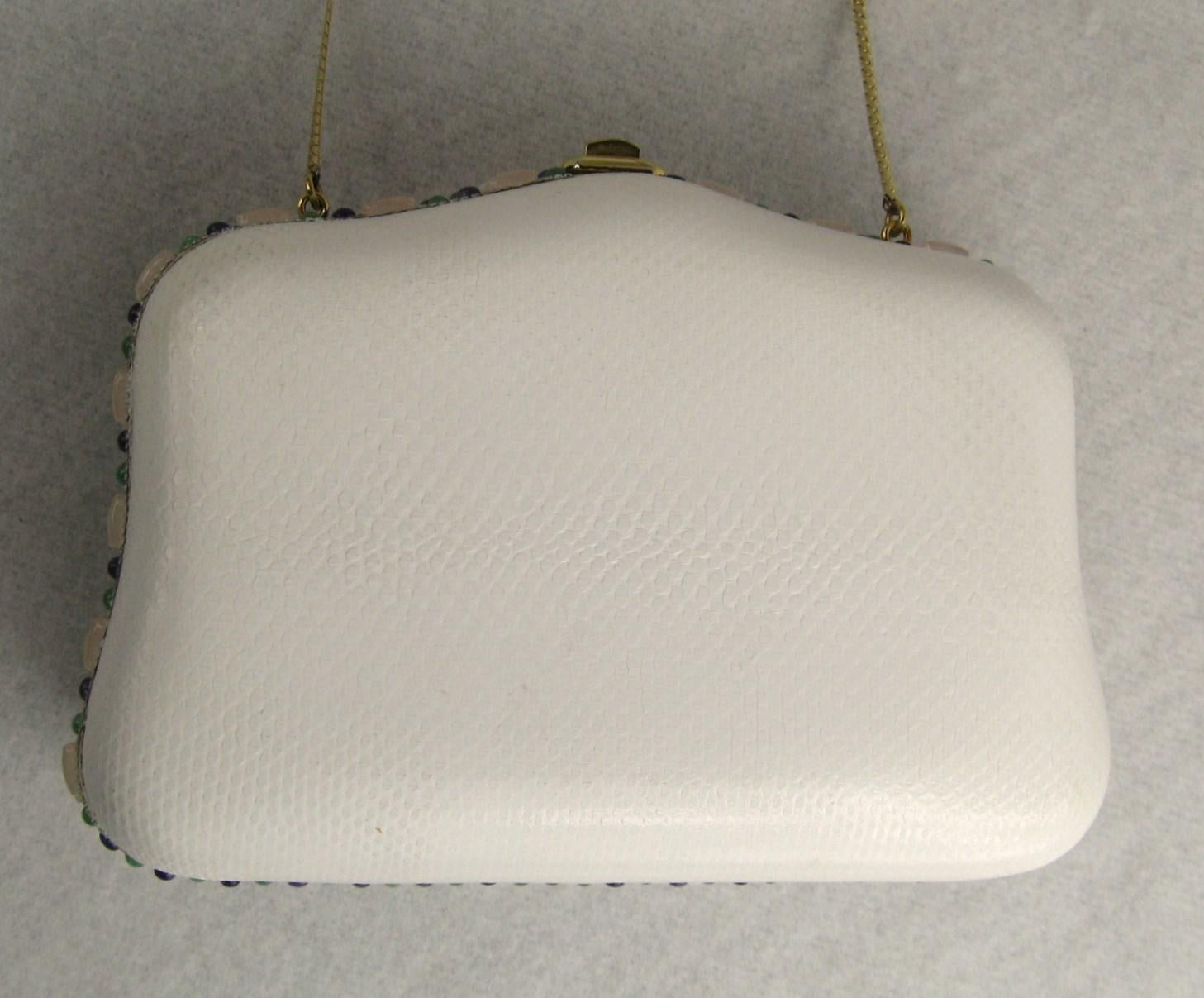 Women's Judith Leiber White Karung Convertible Clutch With Semi Precious Jewels For Sale