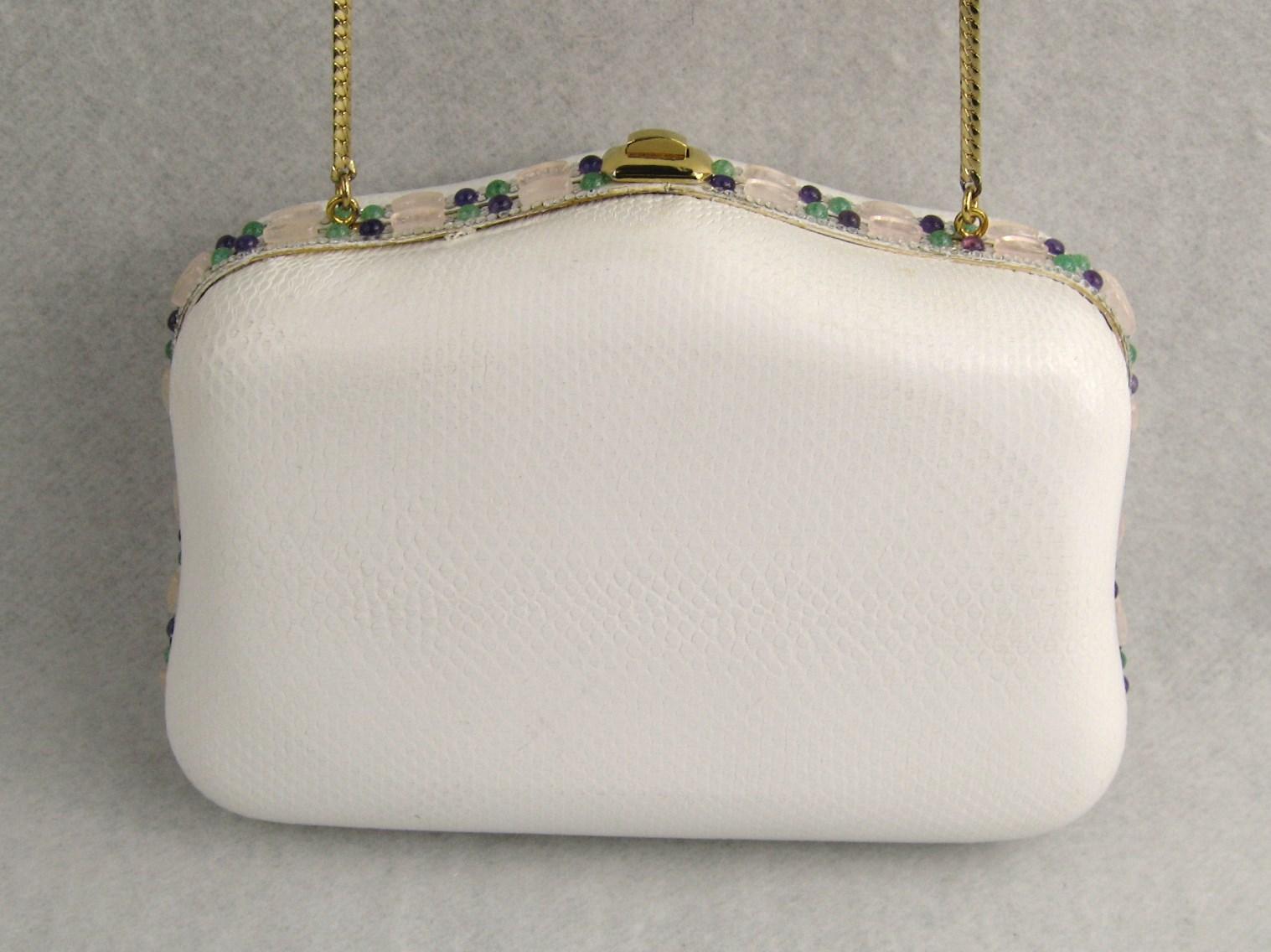 Judith Leiber White Karung Convertible Clutch With Semi Precious Jewels For Sale 1