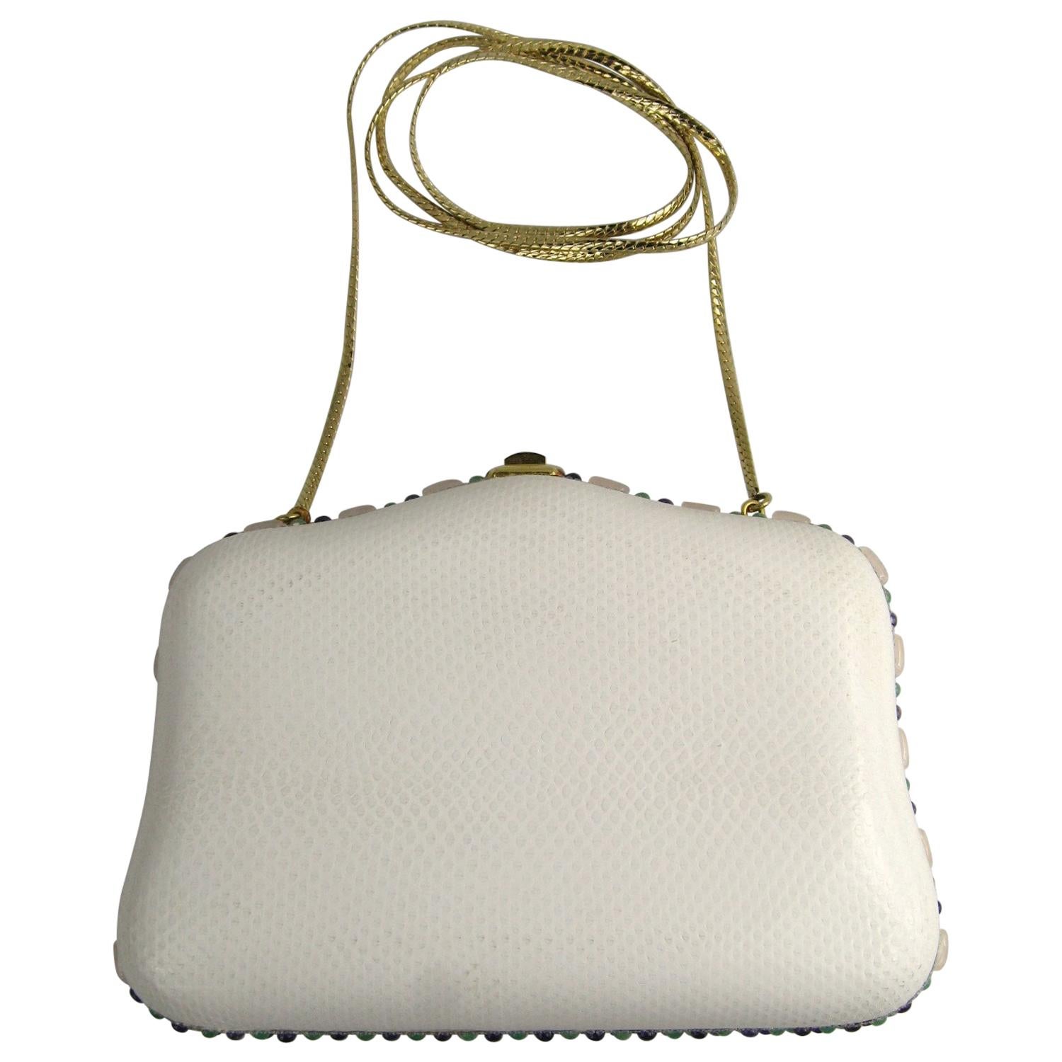 Judith Leiber White Karung Convertible Clutch With Semi Precious Jewels