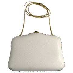 Vintage Judith Leiber White Karung Convertible Clutch With Semi Precious Jewels