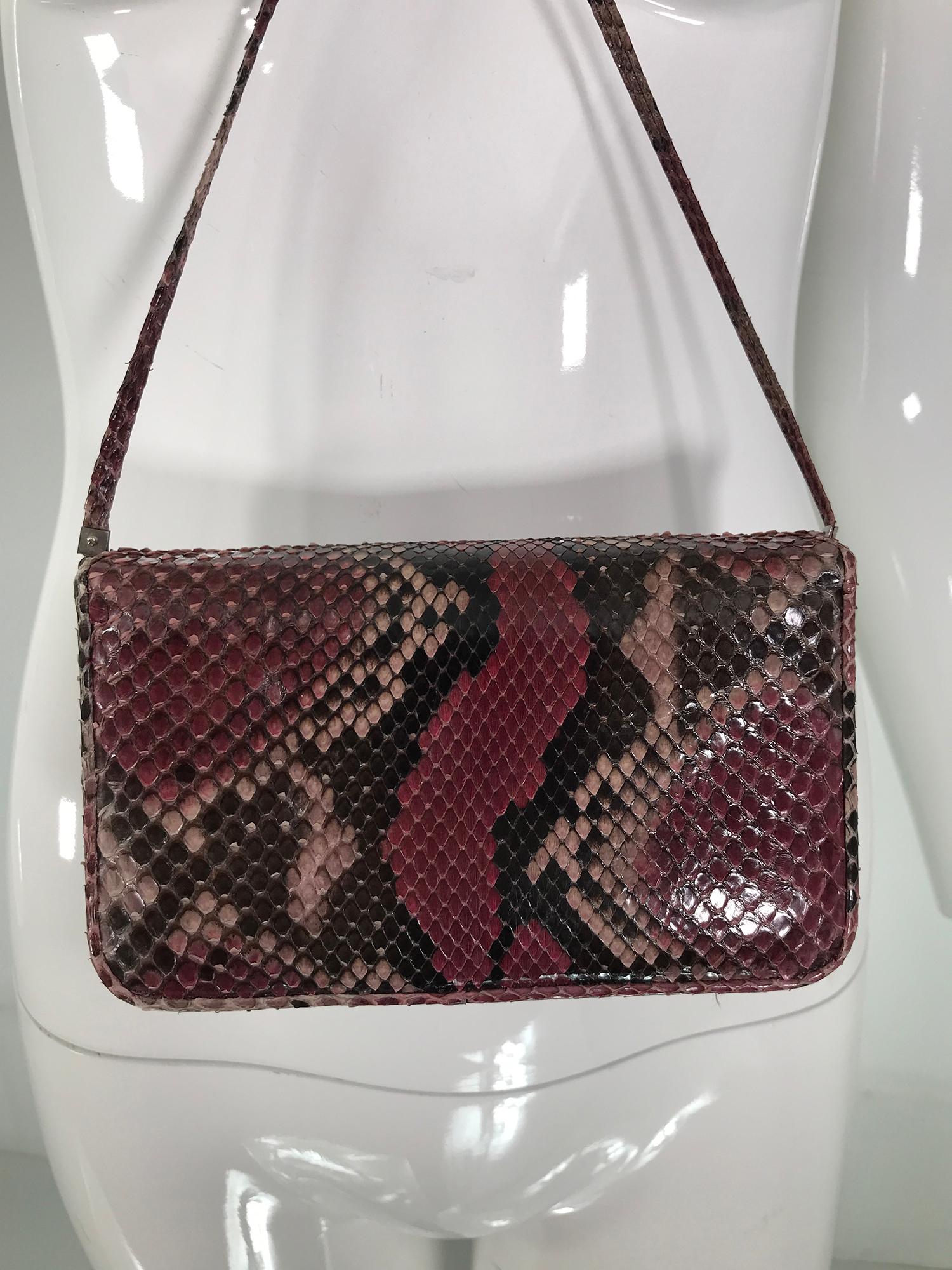 Judith Leiber Wine & Back Snakeskin Mini Clutch Shoulder Bag Silver Hardware In Good Condition For Sale In West Palm Beach, FL
