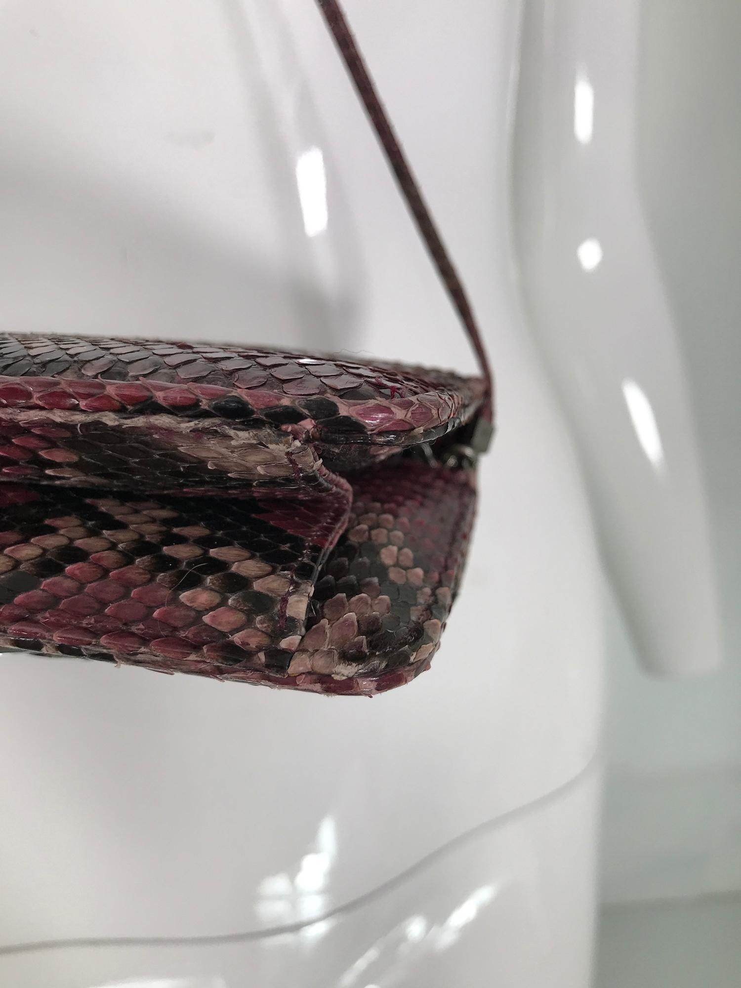 Judith Leiber Wine & Back Snakeskin Mini Clutch Shoulder Bag Silver Hardware For Sale 1
