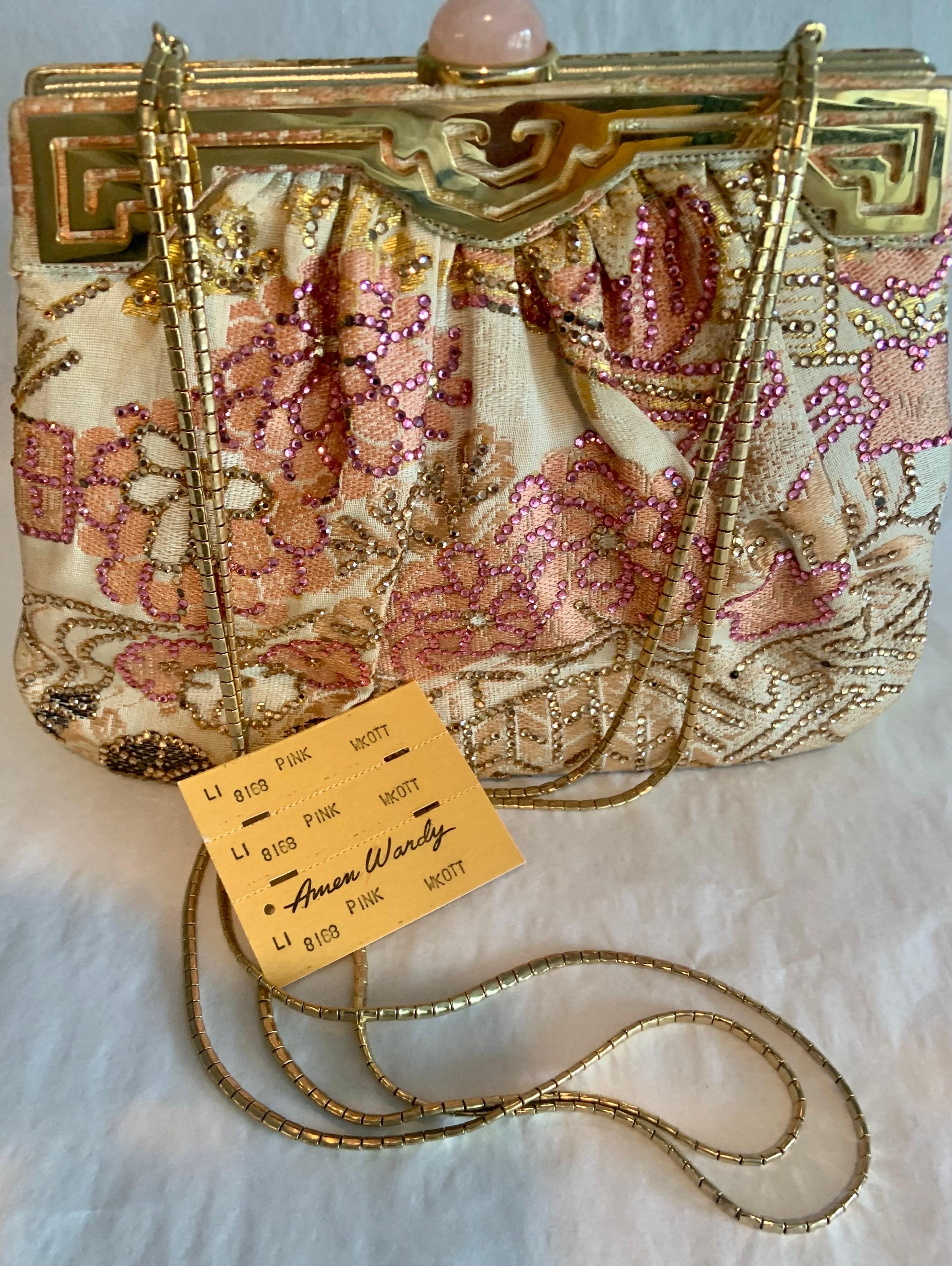 Judith Lieber Rhinestone Studded Floral Fabric and Gold Leather Bag Never Used For Sale 6