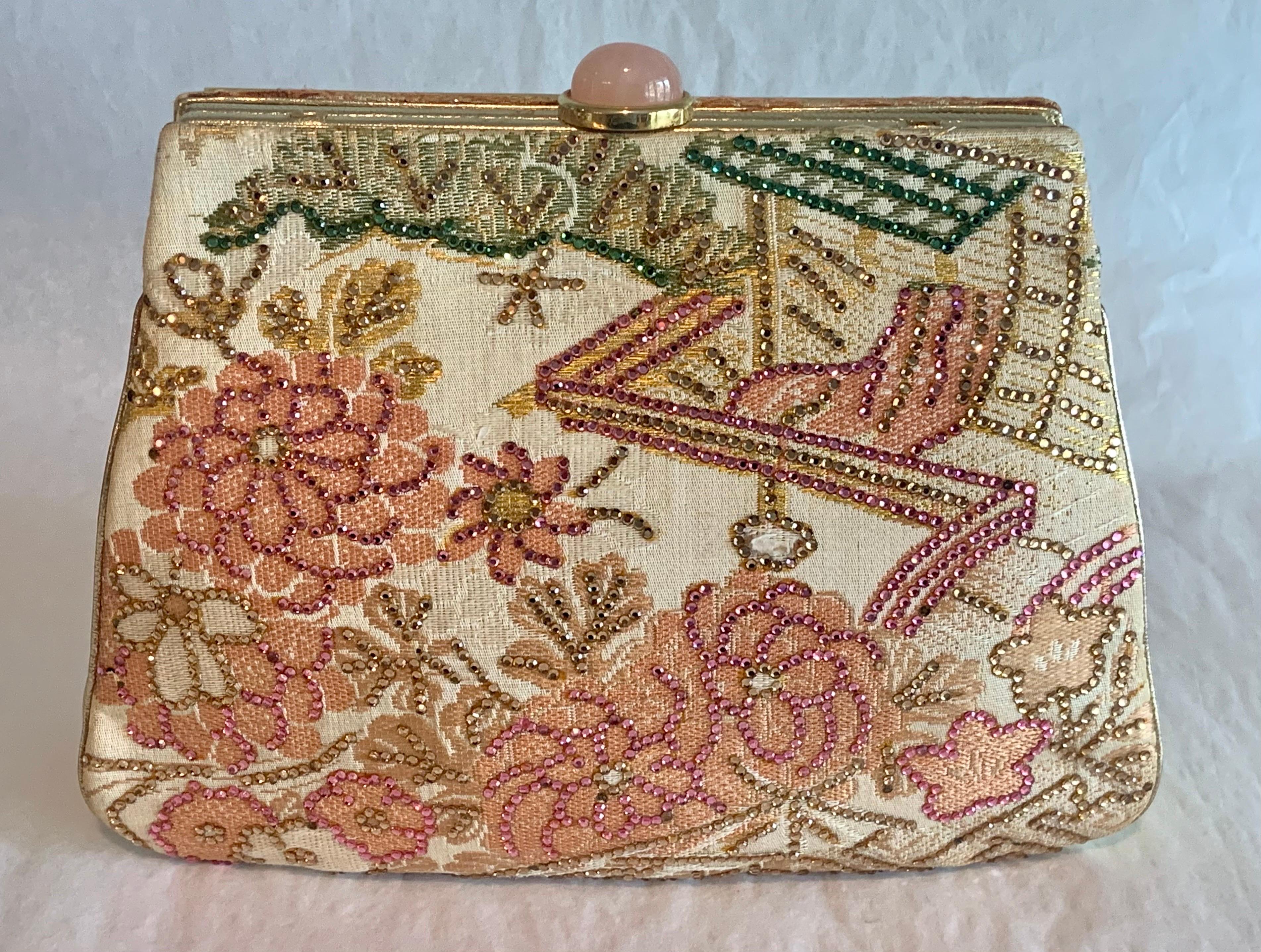 Judith Lieber Rhinestone Studded Floral Fabric and Gold Leather Bag Never Used For Sale 2