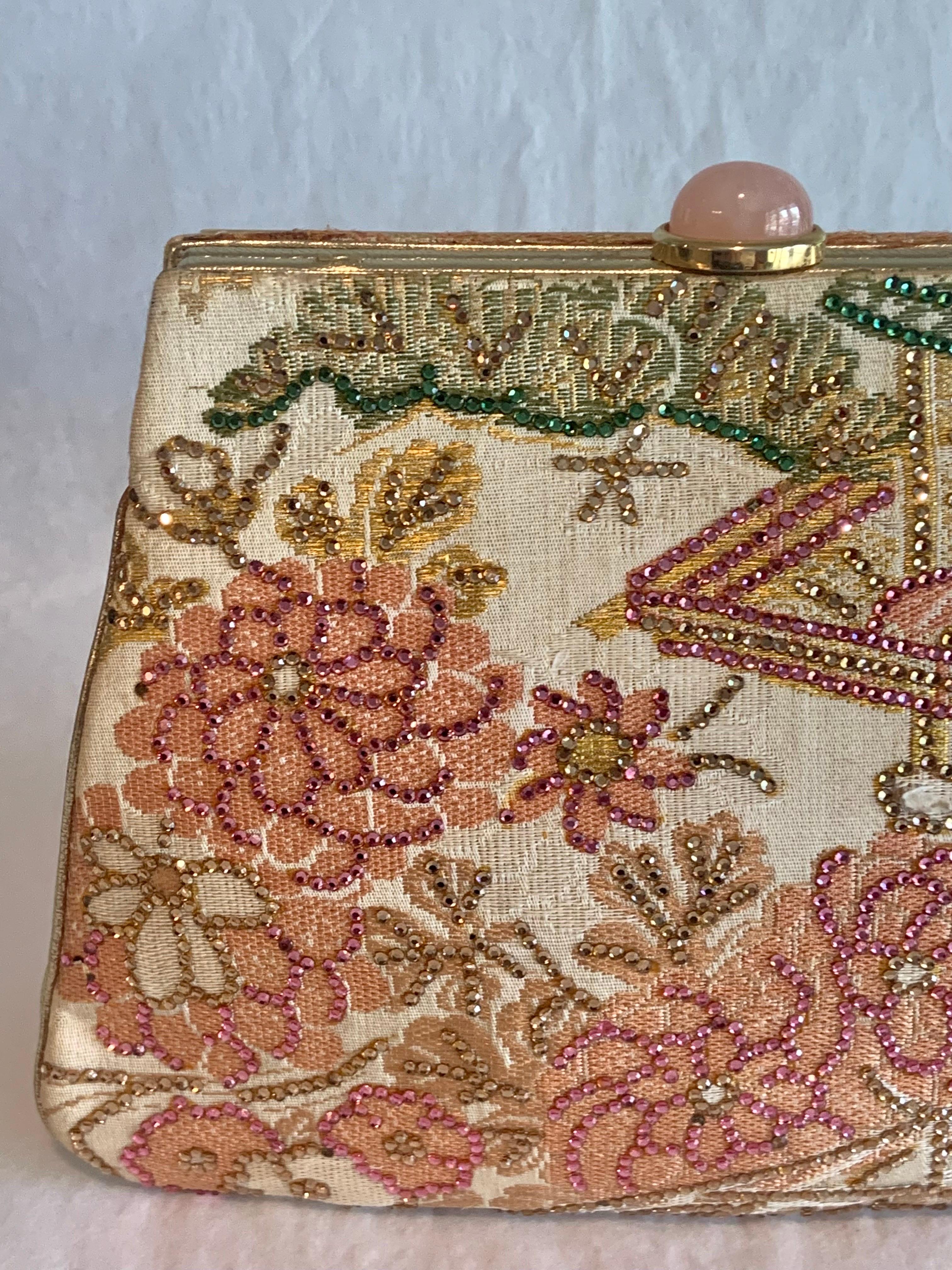 Judith Lieber Rhinestone Studded Floral Fabric and Gold Leather Bag Never Used For Sale 3