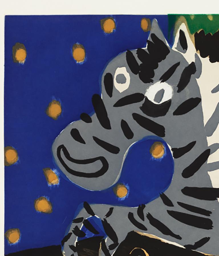 Judith Linhares ist bekannt für ihre lebendige, ausdrucksstarke figurative Malerei, die sich mit Themen wie Erzählung, Mythologie, Utopismus und Geschlechterpolitik beschäftigt.    Dieses farbenfrohe, fesselnde Bild wurde mit 7 gesättigten Farben