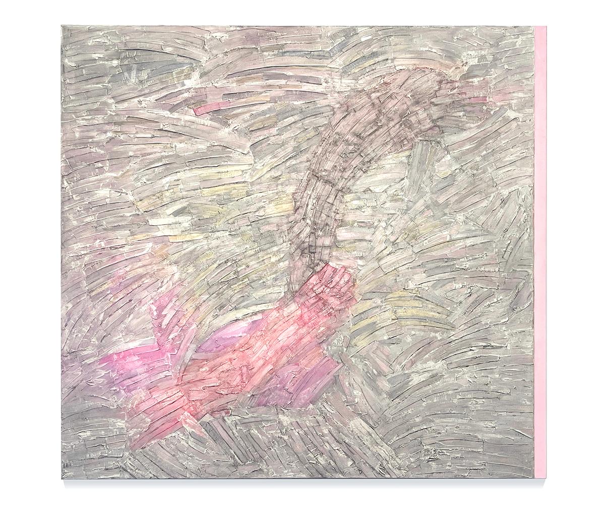 Abstract Painting Judith Murray - Huile abstraite gestuelle sur lin, rose, gris