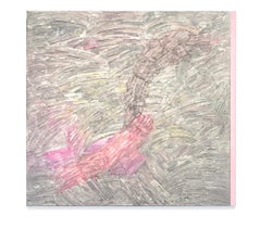 Gestural abstract oil on linen, pink, grey