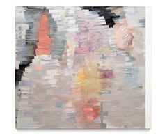 Gestural abstract oil on linen, pink, grey, white
