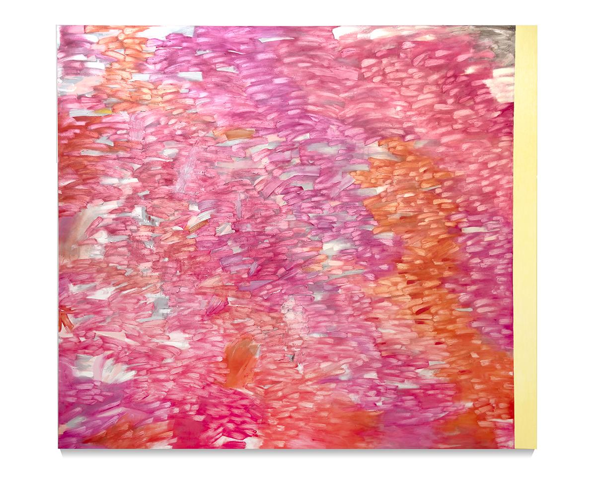 Gestural abstract oil on linen, pink, red, yellow, large