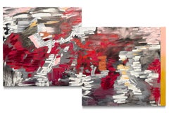 Gestural abstract oil on linen, red, grey, white, diptych