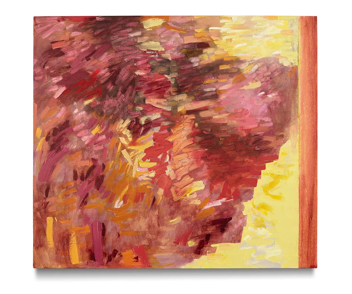 Gestural abstract oil on linen, red, yellow