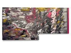 Gestural abstract oil on linen, red, yellow, grey, black, diptych