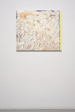Gestural abstract oil on linen, white, yellow