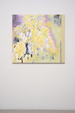 Gestural abstract oil on linen, yellow, purple