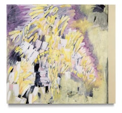 Gestural abstract oil on linen, yellow, purple