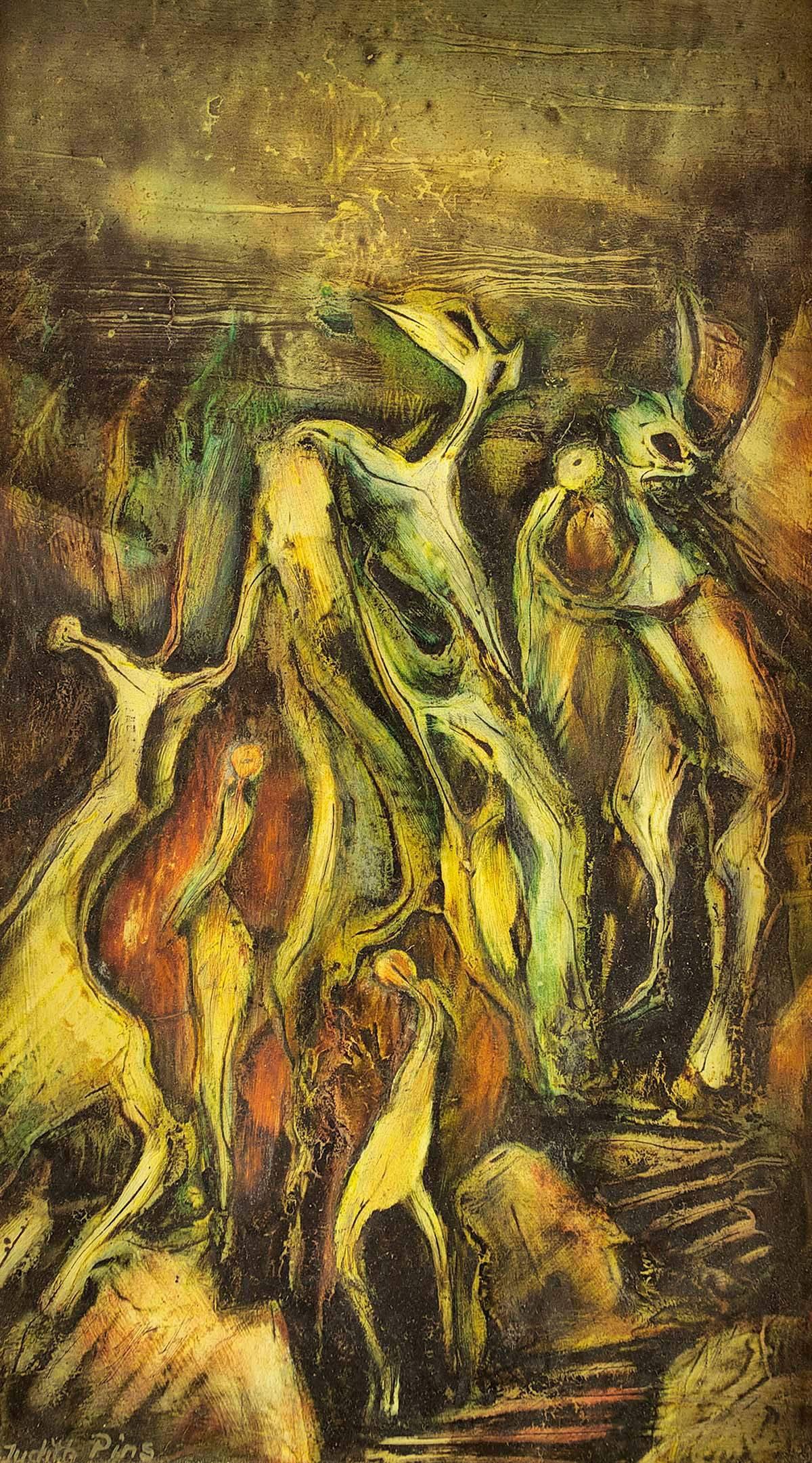 Peinture à l'huile expressionniste abstraite de l'artiste israélien « Danse de la scène » - Painting de Judith Pins